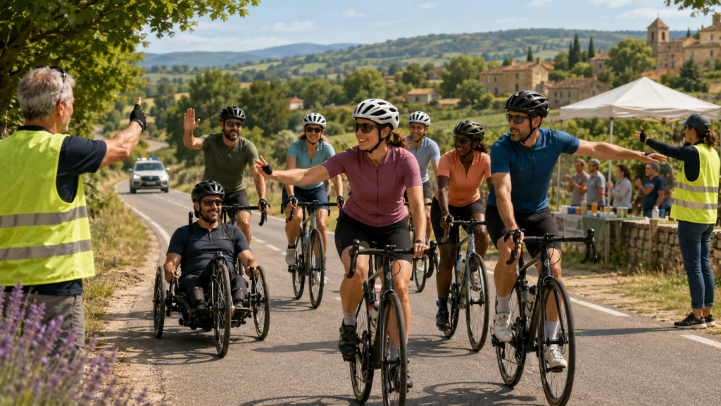 Peloton cycliste solidaire avançant en file avec bénévoles, signaux de route et point de collecte.