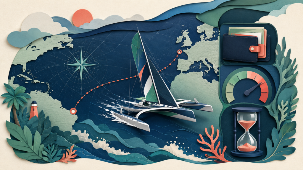 Trimaran au large, routage météo et organisation solidaire avec un petit module de paiement numérique séparé.